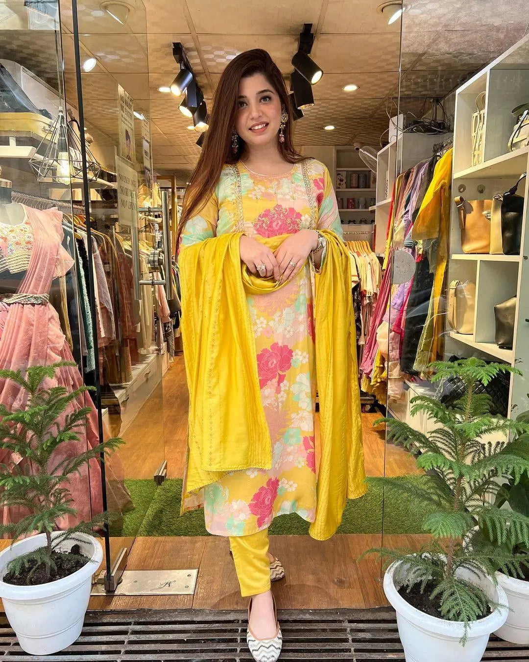 Yellow Floral Printed Pure Cotton Kurti Pant Set With Dupatta